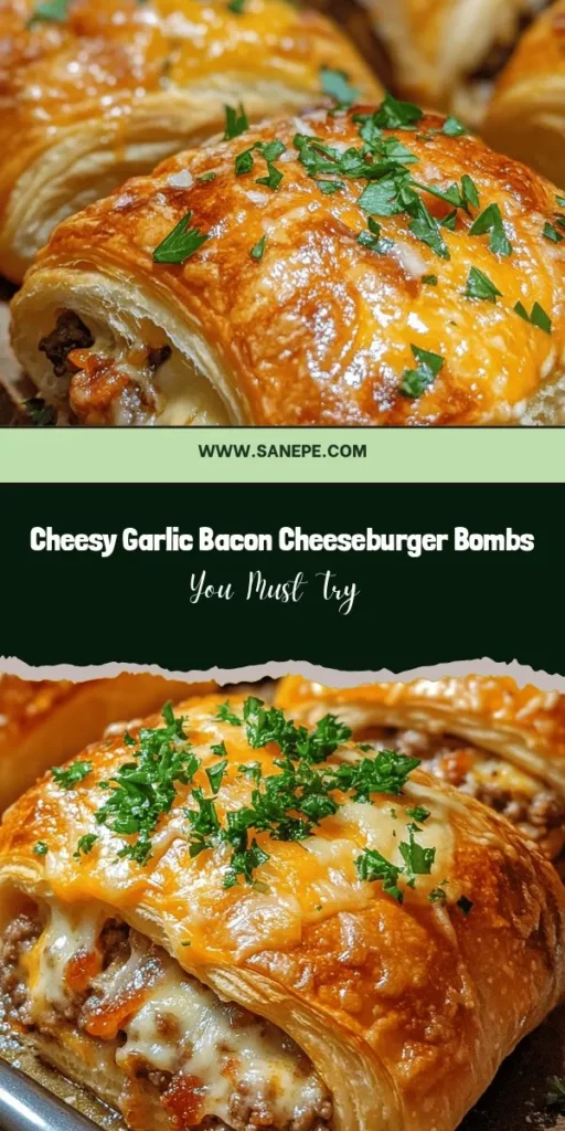 Discover the perfect crowd-pleaser with Garlic Parmesan Bacon Cheeseburger Bombs! These delectable bites combine savory beef, crispy bacon, and gooey cheddar cheese all wrapped in flaky crescent roll dough for an irresistible snack. Ideal for game nights, parties, or family dinners, they're easy to make and customizable to suit any taste. Get ready to impress your guests with this comfort food delight! #CheeseburgerBombs #Appetizers #ComfortFood #BaconLovers #EasyRecipes #GameNightSnacks #FoodieFun #PartyFood