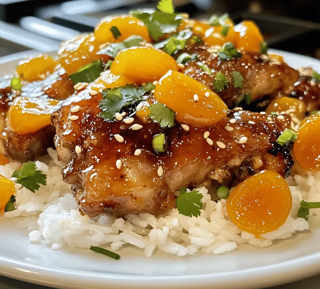 1. <strong>Prepare the Marinade</strong>: In a mixing bowl, combine the apricot jam, soy sauce, apple cider vinegar, minced garlic, grated ginger, mustard, and sesame oil. Whisk the ingredients together until well blended and smooth.” /></p>
</p>
<h3>Prepping the Cooking Environment</h3>
</p>
<p>Preparing your cooking environment is crucial for ensuring your Sticky Apricot Chicken turns out perfectly. A well-organized kitchen not only makes the cooking process smoother but also enhances the overall experience.</p>
</p>
<h4>Importance of Preheating the Oven for Even Cooking</h4>
</p>
<p>Before you even think about placing your chicken in the oven, it’s essential to preheat it. Preheating ensures that the chicken cooks evenly from the moment it enters the oven, preventing any undercooked or overcooked areas. For this recipe, you’ll want to preheat your oven to 375°F (190°C). This temperature is ideal for roasting the chicken while allowing the apricot glaze to caramelize beautifully.</p>
</p>
<h4>How to Prepare the Baking Dish Properly to Prevent Sticking</h4>
</p>
<p>A critical step in preventing your Sticky Apricot Chicken from sticking to the baking dish is proper preparation. Start by selecting a baking dish that is large enough to hold all the chicken pieces in a single layer. This helps the chicken cook evenly. Lightly grease the dish with olive oil or non-stick cooking spray, ensuring every inch is coated. This step not only prevents sticking but also aids in achieving a crispy exterior on the chicken.</p>
</p>
<h3>Baking the Chicken</h3>
</p>
<p>Now that your oven is preheated and your baking dish is ready, it’s time to bake your chicken.</p>
</p>
<h4>Ideal Baking Time and Temperature for Perfect Cooking</h4>
</p>
<p>Place the chicken in the prepared baking dish and pour the apricot glaze over the top, ensuring that each piece is generously coated. Bake the chicken in the preheated oven for about 35 to 45 minutes, depending on the size of the chicken thighs. The goal is to achieve a golden-brown exterior while ensuring the meat is tender and juicy.</p>
</p>
<h4>Signs that the Chicken is Properly Cooked (Internal Temperature)</h4>
</p>
<p>To guarantee your chicken is cooked to perfection, use a meat thermometer to check the internal temperature. The USDA recommends that chicken thighs reach an internal temperature of 165°F (74°C). When the thermometer reads this temperature in the thickest part of the thigh, your Sticky Apricot Chicken is ready to be removed from the oven.</p>
</p>
<h3>Optional Broiling for Crispy Skin</h3>
</p>
<p>For those who enjoy a crispy skin on their chicken, consider broiling it for a few minutes at the end of the baking process.</p>
</p>
<h4>Benefits of Broiling and How to Do It Safely</h4>
</p>
<p>Broiling is an excellent way to enhance both flavor and texture. This cooking method exposes the chicken to direct heat from above, which can create a beautifully caramelized skin. To broil safely, switch your oven setting to broil after the baking time is complete. Keep a close eye on the chicken as it can go from perfectly crispy to burnt in a matter of minutes.</p>
</p>
<h4>How to Achieve the Perfect Crispy Texture Without Burning</h4>
</p>
<p>Position the rack in your oven about 6 to 8 inches below the broiler. Broil the chicken for about 2 to 4 minutes, turning the baking dish halfway through to ensure even browning. The ideal outcome is a crispy, caramelized skin that complements the succulent chicken beneath.</p>
</p>
<h3>Garnishing and Serving</h3>
</p>
<p>With your Sticky Apricot Chicken perfectly cooked and crispy, it’s time to think about presentation.</p>
</p>
<h4>Ideas for Plating and Enhancing Presentation</h4>
</p>
<p>Plating can elevate your dish from ordinary to extraordinary. When serving, consider arranging the chicken on a large platter, drizzling any remaining apricot glaze over the top. Fresh herbs, such as chopped parsley or cilantro, can add a pop of color and freshness. For an added touch, you can garnish with thin slices of apricot or a sprinkle of sesame seeds.</p>
</p>
<h4>Suggested Side Dishes that Complement the Sticky Apricot Chicken</h4>
</p>
<p>To complete your meal, consider pairing the Sticky Apricot Chicken with side dishes that balance its rich flavors. Steamed jasmine rice or fluffy quinoa can absorb the delicious glaze and provide a delightful contrast. Additionally, a fresh green salad with a light vinaigrette or roasted vegetables can add color and nutrition to your plate.</p>
</p>
<h3>Nutritional Information</h3>
</p>
<p>Understanding the nutritional value of your meal is essential, especially if you’re mindful of your dietary intake.</p>
</p>
<h4>Overview of the Nutritional Benefits of Each Serving</h4>
</p>
<p>Each serving of Sticky Apricot Chicken is not only tasty but also packed with nutrients. The chicken serves as an excellent source of protein, which is vital for muscle repair and overall health.</p>
</p>
<h4>Protein Content from Chicken</h4>
</p>
<p>One serving of chicken thighs provides approximately 24 grams of protein, which helps to keep you feeling full and satisfied. This is particularly beneficial for those looking to maintain or build muscle.</p>
</p>
<h4>Fiber and Vitamins from Apricots</h4>
</p>
<p>The star ingredient, apricots, adds not just sweetness but also nutritional benefits. Dried apricots contain dietary fiber, which aids digestion and promotes gut health. They are also rich in vitamins A and C, supporting immune function and skin health.</p>
</p>
<h4>Discussion on Moderation of Sugars and Sodium</h4>
</p>
<p>While apricots do contain natural sugars, moderation is key. The glaze in this recipe includes honey or brown sugar, which adds sweetness but should be used in moderation. Additionally, be mindful of sodium levels in soy sauce if used in the glaze. Opting for low-sodium versions can help maintain a balanced diet.</p>
</p>
<h3>Culinary Variations and Substitutions</h3>
</p>
<p>One of the best aspects of cooking is the ability to customize recipes. Here are some suggestions for variations and substitutions.</p>
</p>
<h4>Suggestions for Ingredient Swaps for Different Dietary Needs</h4>
</p>
<p>If you or someone in your household has dietary restrictions, there are plenty of options to modify this Sticky Apricot Chicken recipe.</p>
</p>
<h4>Using Chicken Breasts Instead of Thighs</h4>
</p>
<p>For a leaner protein option, you can substitute chicken thighs for chicken breasts. Keep in mind that chicken breasts may require a shorter cooking time, so monitor their internal temperature closely to avoid dryness.</p>
</p>
<h4>Vegan Alternatives (e.g., Tofu or Tempeh)</h4>
</p>
<p>For a vegan version, consider using firm tofu or tempeh. Cut them into similar sizes as chicken thighs, marinate them in the apricot glaze, and bake until golden. This substitution provides a delicious plant-based protein.</p>
</p>
<h4>Flavor Variations: Adding Spices or Herbs to Customize the Recipe</h4>
</p>
<p>Feel free to play with flavors by adding spices or herbs to the apricot glaze. A pinch of cayenne pepper can add a kick, while fresh ginger can bring a zesty note. Experimenting with different herbs, such as thyme or rosemary, can also enhance the dish’s aroma and taste.</p>
</p>
<h4>Ways to Incorporate Seasonal Fruits for a Fresh Twist</h4>
</p>
<p>To keep things fresh and seasonal, consider incorporating fruits like peaches or plums into the glaze during warmer months. Their natural sweetness complements the apricots while adding a unique twist to the traditional flavor profile.</p>
</p>
<h3>Conclusion</h3>
</p>
<p>Sticky Apricot Chicken is more than just a meal; it’s an experience that brings together delightful flavors and versatile cooking methods. The combination of succulent chicken, sweet apricot glaze, and the potential for customization makes it a must-try recipe for both novice and experienced cooks.</p>
</p>
<p>This dish’s ease of preparation and ability to impress guests or family members alike make it a staple in any kitchen. I encourage you to experiment with your own flavor profiles and garnishes, creating a unique rendition that reflects your culinary style. Whether you’re serving it for a casual weeknight dinner or a special gathering, Sticky Apricot Chicken is sure to become a beloved favorite.</p>
</div>