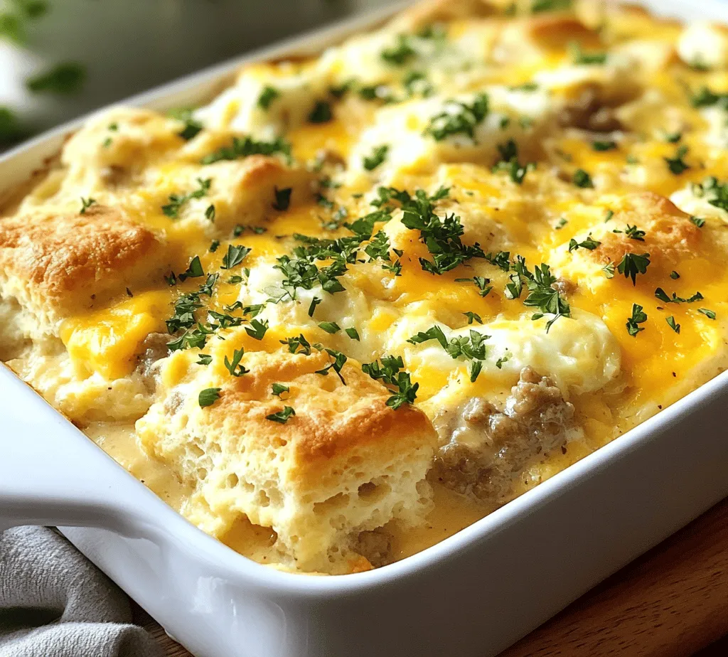 When it comes to breakfast, few dishes embody the essence of comfort and satisfaction like a hearty casserole. The warm, inviting aroma of a baked breakfast casserole can transform a simple morning into a delightful culinary experience that brings families and friends together. One such dish that perfectly encapsulates the joy of breakfast is the <strong>Easy Biscuits and Gravy Breakfast Casserole</strong>. This recipe stands out not only for its robust flavors but also for its delightful combination of textures, making it an ideal choice for family gatherings, brunch parties, or a cozy weekend breakfast.” /></p> <h3>Making the Gravy: How to Achieve the Right Consistency and Flavor Balance</h3> <p>To create a rich and flavorful gravy for your Easy Biscuits and Gravy Breakfast Casserole, start by using a combination of sausage drippings and flour. The drippings provide a savory base, while flour thickens the mixture.</p> <p>1. <strong>Sauté</strong>: Begin by cooking your preferred breakfast sausage in a skillet over medium heat. Once browned, remove the sausage, leaving the drippings in the pan. You’ll need about 1/4 cup of drippings.</p> <p>2. <strong>Make a Roux</strong>: Add an equal amount of flour (1/4 cup) to the drippings, whisking them together over medium heat. Stir continuously for about 2-3 minutes, or until the mixture turns a light golden color. This process cooks the flour and removes the raw taste.</p> <p>3. <strong>Add Milk</strong>: Gradually pour in 2 cups of milk while whisking vigorously to avoid lumps. Continue to cook the mixture, stirring frequently, until it thickens to a creamy consistency, about 5-7 minutes.</p> <p>4. <strong>Season</strong>: Season the gravy with salt, pepper, and a pinch of cayenne for a subtle kick. Taste and adjust the seasoning as needed to balance the flavors. The gravy should be smooth and pourable but thick enough to coat the back of a spoon.</p> <h3>Preparing the Biscuits: Tips for Cutting and Layering</h3> <p>The biscuits are the cornerstone of your casserole, providing a fluffy and hearty texture. Here’s how to prepare them for optimal layering:</p> <p>1. <strong>Use Refrigerated Biscuits</strong>: For convenience, opt for refrigerated biscuit dough. These are readily available and yield fluffy results without the need for intricate baking skills.</p> <p>2. <strong>Cut the Biscuits</strong>: Open the tube of biscuits and separate them. Cut each biscuit into quarters. This will help them distribute more evenly throughout the casserole and soak up the gravy.</p> <p>3. <strong>Layering</strong>: Place the cut biscuit pieces evenly in a greased 9×13 inch baking dish. Ensure that you don’t overcrowd the dish; leaving some space allows the biscuits to rise and absorb flavors from the gravy and eggs.</p> <h3>Layering the Casserole: Best Practices for Even Distribution of Ingredients</h3> <p>Proper layering is essential for a well-composed casserole. Here are some best practices to ensure even distribution:</p> <p>1. <strong>Start with Biscuits</strong>: After placing the biscuit pieces at the bottom of the dish, make sure they are spread evenly to create a solid base.</p> <p>2. <strong>Add the Sausage</strong>: Sprinkle the cooked sausage evenly over the biscuit layer. This ensures that every bite has a balanced flavor of sausage and biscuits.</p> <p>3. <strong>Pour the Gravy</strong>: Drizzle the prepared gravy over the sausage and biscuit layers. Make sure to cover all the biscuit pieces so that they soak in the gravy.</p> <p>4. <strong>Whisked Eggs</strong>: Finally, pour the whisked egg mixture over the entire casserole, allowing it to seep through the layers. This helps bind the ingredients together during baking.</p> <h3>Whisking the Eggs: Techniques for a Fluffy Texture</h3> <p>The eggs play a crucial role in binding the casserole and adding fluffiness. Here’s how to whisk them properly:</p> <p>1. <strong>Use Fresh Eggs</strong>: Start with fresh, large eggs—about 6-8 will do, depending on the size of your casserole.</p> <p>2. <strong>Whisking Technique</strong>: In a large bowl, crack the eggs and whisk them vigorously with a fork or whisk until the yolks and whites are fully combined. Incorporate air into the mixture by whisking in a circular motion.</p> <p>3. <strong>Incorporate Milk</strong>: Add a splash (about 1/2 cup) of milk to the eggs while whisking. This addition not only enhances flavor but also contributes to the creaminess of the casserole.</p> <h3>Adding Cheese: How Cheese Contributes to the Overall Dish</h3> <p>Cheese adds richness and flavor to your casserole, elevating it to the next level. Here’s how to incorporate it effectively:</p> <p>1. <strong>Choose Your Cheese</strong>: Cheddar cheese is a classic choice for this dish, providing a sharp flavor that complements the gravy and sausage. You can also experiment with Monterey Jack or Pepper Jack for a bit of spice.</p> <p>2. <strong>Shredding</strong>: Grate about 1 to 1.5 cups of cheese for optimal melting. If you prefer a cheesier casserole, feel free to add more.</p> <p>3. <strong>Layering the Cheese</strong>: You can either mix the cheese into the egg mixture before pouring it over the casserole or sprinkle it on top before baking. For a gooey, melted top, add cheese in both places.</p> <h3>Baking the Casserole: Signs of Doneness and Ideal Baking Time</h3> <p>Baking is the final step that brings all the flavors together. Here’s how to know when your casserole is ready:</p> <p>1. <strong>Preheat</strong>: Preheat your oven to 350°F (175°C) before placing the casserole inside. This ensures even cooking from the start.</p> <p>2. <strong>Baking Time</strong>: Bake the casserole for 30-40 minutes. Keep an eye on it during the last 10 minutes of baking.</p> <p>3. <strong>Signs of Doneness</strong>: The casserole is done when the eggs are set, the top is golden brown, and a toothpick inserted in the center comes out clean. If you notice that the top is browning too quickly, you can cover the casserole with aluminum foil to prevent burning.</p> <h3>Garnishing and Serving: Presentation Tips for Serving at the Table</h3> <p>A beautifully presented casserole makes for an enticing breakfast centerpiece. Here are some tips for garnishing and serving:</p> <p>1. <strong>Chop Fresh Herbs</strong>: Consider garnishing your casserole with freshly chopped parsley or chives before serving. This adds a pop of color and freshness to the dish.</p> <p>2. <strong>Serve with Sides</strong>: Pair your casserole with fresh fruit, a light salad, or crispy bacon for a well-rounded breakfast.</p> <p>3. <strong>Presentation</strong>: Serve directly from the baking dish for a rustic feel, or transfer portions to individual plates for a more sophisticated presentation. Use a large spoon or spatula to scoop out even servings.</p> <h3>Nutritional Information</h3> <p>Understanding the nutritional profile of your Easy Biscuits and Gravy Breakfast Casserole can help you enjoy it while keeping health in mind.</p> <p>– <strong>Calories</strong>: Each serving typically contains around 400-500 calories, depending on the amount of sausage and cheese used.</p> <p>– <strong>Protein</strong>: With sausage and eggs as the main ingredients, you can expect around 20-25 grams of protein per serving.</p> <p>– <strong>Fats</strong>: The fat content can range from 20-30 grams, primarily from the sausage and cheese. Opting for lean sausage can reduce this.</p> <p>– <strong>Carbohydrates</strong>: Each serving has about 30-35 grams of carbohydrates, mainly from the biscuits. Whole grain options can be used for added fiber.</p> <p>This casserole strikes a balance between indulgence and nutrition, making it a satisfying breakfast option.</p> <h3>Tips for Customizing the Casserole</h3> <p>One of the best aspects of the Easy Biscuits and Gravy Breakfast Casserole is its versatility. Here are some suggestions for customization:</p> <p>1. <strong>Ingredient Substitutions</strong>: Replace the sausage with turkey sausage or vegetarian sausage for a healthier alternative. You can also use crumbled tofu or tempeh for a plant-based option.</p> <p>2. <strong>Seasonal Vegetables</strong>: Incorporate seasonal vegetables such as spinach, bell peppers, or zucchini to add color and nutrients. Sauté them with the sausage or layer them in the casserole for added texture.</p> <p>3. <strong>Adjusting Spice Levels</strong>: For those who prefer a milder flavor, reduce the amount of cayenne or omit it altogether. Conversely, add more spices like paprika or red pepper flakes for an extra kick.</p> <h3>Storage and Reheating Instructions</h3> <p>For those who want to make this casserole ahead of time or save leftovers, here are the best practices for storage and reheating:</p> <p>1. <strong>Storing Leftovers</strong>: Allow the casserole to cool completely before covering it tightly with plastic wrap or aluminum foil. Store it in the refrigerator for up to 3-4 days.</p> <p>2. <strong>Reheating</strong>: To reheat, preheat your oven to 350°F (175°C) and place the casserole in a covered dish to avoid drying out. Heat for about 20-25 minutes, or until warmed through. You can also microwave individual portions for a quick breakfast.</p> <p>3. <strong>Freezing Options</strong>: If you want to prepare this dish in advance, you can freeze it before baking. Wrap it tightly in foil or plastic wrap and store it in the freezer for up to 2 months. When ready to bake, thaw it in the refrigerator overnight, then bake as directed.</p> <h3>Conclusion</h3> <p>The Easy Biscuits and Gravy Breakfast Casserole is not only simple to prepare but also delivers a hearty and satisfying meal perfect for breakfast or brunch gatherings. With its layers of flaky biscuits, savory sausage, creamy gravy, and fluffy eggs, this dish is sure to please everyone at your table.</p> <p>Encourage your family and friends to experience the deliciousness of this casserole for their next breakfast or brunch occasion. It’s a delightful way to bring people together around the table and savor homemade meals. So gather your ingredients, follow the steps, and enjoy the joy of sharing this comforting dish with your loved ones.</p> </div>