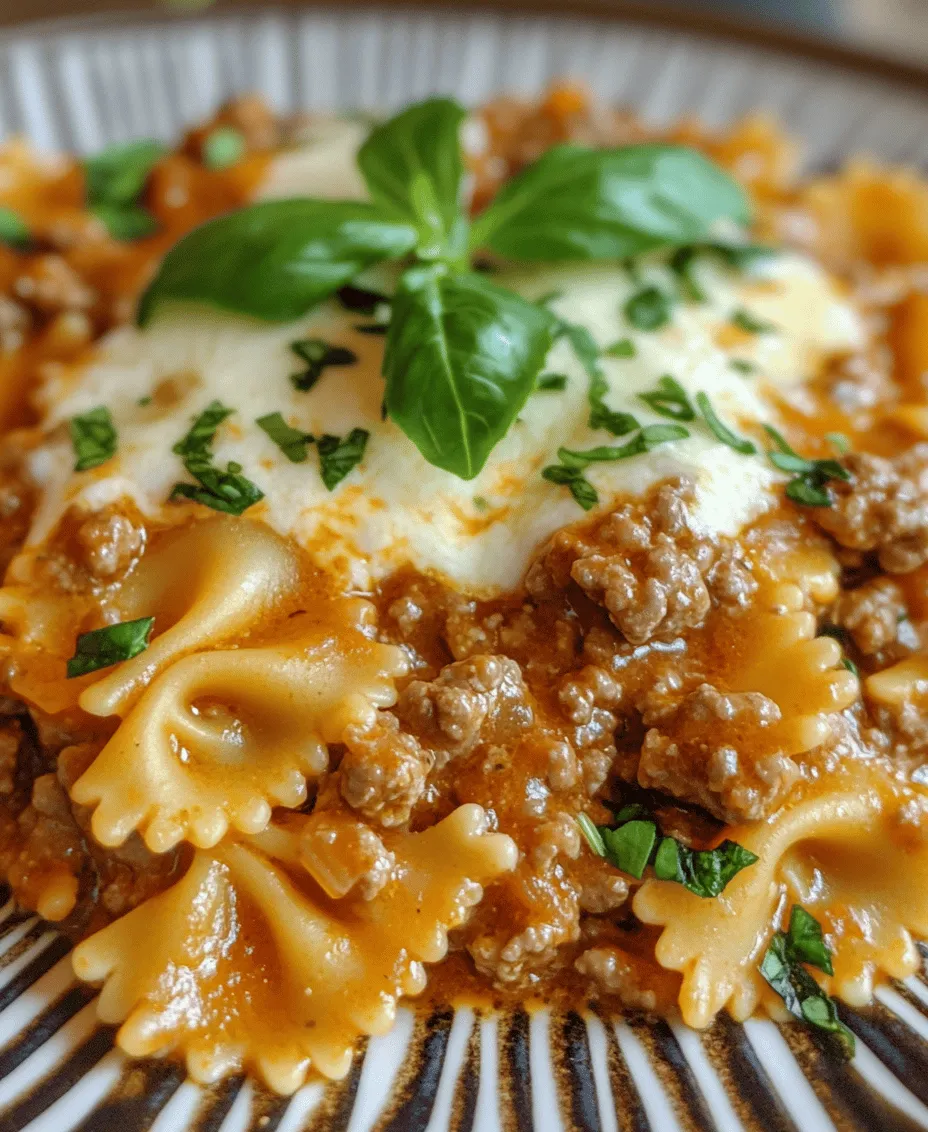 When it comes to comfort food, few dishes evoke the same warmth and satisfaction as a creamy pasta. Among the myriad of options available, <strong>Creamy Beef and Bowtie Pasta</strong> stands out as a beloved favorite, combining hearty ingredients with a rich, velvety sauce that envelops every bite. This dish encapsulates the essence of Italian cuisine, known for its ability to transform simple components into a delightful feast. From family dinners to weeknight meals, creamy pasta dishes have an undeniable appeal that brings people together around the table.” /></p>
</p>
<h3>Add Cream and Broth</h3>
</p>
<p>To create a luscious and creamy sauce for your Beef and Bowtie Pasta, start by adding the heavy cream and beef broth. The combination of these two ingredients is essential for achieving that rich, velvety texture that makes this dish so comforting.</p>
</p>
<p>1. <strong>Pour in the Heavy Cream</strong>: Slowly add about 1 cup of heavy cream to the skillet with the beef. Stir gently to incorporate it into the beef mixture. The cream will help to mellow the flavors and provide a luxurious mouthfeel.</p>
</p>
<p>2. <strong>Incorporate Beef Broth</strong>: Next, pour in approximately 1 cup of beef broth, which will add depth to the sauce. The broth enhances the beef flavor while ensuring that the sauce isn’t too thick. If you prefer a lighter sauce, feel free to adjust the amount of broth and cream to your taste.</p>
</p>
<p>3. <strong>Simmer</strong>: Allow the mixture to simmer gently over low heat. This step is crucial as it helps to thicken the sauce slightly while blending the flavors. Stir occasionally to prevent the sauce from sticking to the bottom of the pan.</p>
</p>
<h3>Add Cheese and Spinach</h3>
</p>
<p>Cheese and spinach are the stars that elevate this dish from good to great.</p>
</p>
<p>1. <strong>Select Your Cheese</strong>: For this recipe, cream cheese and shredded Parmesan are excellent choices. Cream cheese adds a delightful creaminess without overpowering the overall flavor, while Parmesan brings a nutty, savory note.</p>
</p>
<p>2. <strong>Melt the Cheese</strong>: Once the sauce is warmed and simmering, add about 4 ounces of cream cheese, cut into small cubes, stirring until it melts completely. Follow this by adding ½ cup of shredded Parmesan. Stir continuously until the cheese is fully melted and the sauce is creamy and smooth.</p>
</p>
<p>3. <strong>Incorporate Fresh Spinach</strong>: Finally, add a generous handful of fresh spinach, stirring it into the sauce until it wilts. Spinach not only adds a vibrant color to the dish but also packs in nutrients such as iron and vitamins A and C. If you’re using frozen spinach, ensure it’s fully thawed and drained before adding.</p>
</p>
<h3>Combine Pasta and Sauce</h3>
</p>
<p>Now that your sauce is ready, it’s time to bring everything together.</p>
</p>
<p>1. <strong>Cook the Bowtie Pasta</strong>: If you haven’t done so already, cook the bowtie pasta according to package instructions. Aim for al dente; this will allow the pasta to absorb some of the sauce without becoming mushy.</p>
</p>
<p>2. <strong>Combine Pasta and Sauce</strong>: Drain the pasta and immediately add it to the skillet with your creamy beef sauce. Toss the pasta gently, ensuring that every piece is well-coated. If the sauce appears too thick, you can add a splash more of beef broth or a little reserved pasta water to achieve your desired consistency.</p>
</p>
<p>3. <strong>Final Touches</strong>: Taste and adjust the seasoning with salt and pepper as needed. If you’re a fan of heat, consider adding a pinch of red pepper flakes for a subtle kick.</p>
</p>
<h3>Serve</h3>
</p>
<p>Presentation is key to any meal, especially when it comes to comfort food.</p>
</p>
<p>1. <strong>Plating</strong>: Serve the creamy beef and bowtie pasta in a large bowl or on individual plates. For an appealing look, twirl the pasta into nests using a fork or tongs, allowing the sauce to cascade beautifully over the noodles.</p>
</p>
<p>2. <strong>Garnish</strong>: Finish with a sprinkle of freshly grated Parmesan cheese and a few cracks of black pepper. Chopped fresh parsley or basil adds a pop of color and freshness that brightens the dish.</p>
</p>
<p>3. <strong>Enjoy</strong>: Serve hot with garlic bread or a light salad on the side for a complete meal that’s both satisfying and fulfilling.</p>
</p>
<h3>Nutritional Breakdown of the Dish</h3>
</p>
<p>Understanding the nutritional content of your meal can help you make informed choices.</p>
</p>
<p>1. <strong>Per Serving</strong>: This creamy beef and bowtie pasta dish typically serves around 4-6 people. Each serving contains approximately 600-700 calories, depending on portion size and specific ingredients used.</p>
</p>
<p>2. <strong>Health Benefits</strong>: The beef in this dish provides a good source of protein, essential for muscle repair and growth. The inclusion of spinach not only adds flavor but also contributes vitamins and minerals, including iron, calcium, and vitamin K, which are vital for overall health.</p>
</p>
<p>3. <strong>Dietary Considerations</strong>: If you or your guests have dietary restrictions, consider using gluten-free pasta alternatives made from rice or chickpeas. Dairy-free cheese options are widely available for those avoiding lactose, and plant-based ground meat can be used to create a vegetarian version without sacrificing flavor.</p>
</p>
<h3>Variations and Customizations</h3>
</p>
<p>One of the best things about this dish is its versatility. Here are some ways to personalize the recipe:</p>
</p>
<p>1. <strong>Alternative Proteins</strong>: If you prefer, substitute ground beef with ground turkey, chicken, or even plant-based proteins like lentils or crumbled tofu. Each option will bring its unique flavor and texture to the dish.</p>
</p>
<p>2. <strong>Dairy-Free or Lower-Calorie Versions</strong>: For a lighter version, use low-fat cream cheese and a reduced-fat cheese blend. You can also replace heavy cream with unsweetened almond milk or coconut milk for a lighter sauce.</p>
</p>
<p>3. <strong>Adding Vegetables</strong>: Consider incorporating other vegetables such as bell peppers, mushrooms, or zucchini to boost the nutritional profile and add color. Sauté them with the beef at the beginning for maximum flavor.</p>
</p>
<p>4. <strong>Spices and Herbs</strong>: Customize the flavor profile by adding spices such as Italian seasoning, oregano, or thyme. Fresh herbs like parsley or basil can also enhance the dish’s aroma and taste.</p>
</p>
<h3>Perfect Pairings for Creamy Beef and Bowtie Pasta</h3>
</p>
<p>To create a well-rounded meal, consider these pairing suggestions:</p>
</p>
<p>1. <strong>Side Dishes</strong>: Classic garlic bread is a perfect accompaniment, providing a crunchy texture that complements the creamy pasta. A simple mixed green salad with a light vinaigrette can balance the richness of the dish.</p>
</p>
<p>2. <strong>Wine Pairings</strong>: For the wine enthusiasts, a medium-bodied red wine, such as Chianti or Merlot, pairs beautifully with the beef in the dish. If you prefer white wine, a crisp Sauvignon Blanc can also complement the creamy flavors.</p>
</p>
<p>3. <strong>Dessert Options</strong>: To round out the meal, consider light dessert options such as a fruit tart or gelato. These sweet finishes will cleanse the palate after the rich pasta dish.</p>
</p>
<h3>The Role of Comfort Food in Everyday Life</h3>
</p>
<p>Comfort food plays an integral role in many of our lives, evoking feelings of nostalgia and warmth.</p>
</p>
<p>1. <strong>Bringing People Together</strong>: Dishes like creamy beef and bowtie pasta often remind us of family gatherings or special occasions, creating cherished memories around the dining table. Sharing meals fosters connection and strengthens relationships.</p>
</p>
<p>2. <strong>Cooking as Therapy</strong>: For many, cooking can serve as a therapeutic outlet. The act of preparing a meal allows individuals to express their creativity, relieve stress, and enjoy the process of nurturing themselves and their loved ones through food.</p>
</p>
<h3>Conclusion</h3>
</p>
<p>Creamy beef and bowtie pasta is more than just a meal; it’s a comforting dish that brings together rich flavors and hearty ingredients. With its creamy sauce, tender pasta, and nutritious spinach, this recipe is sure to become a family favorite.</p>
</p>
<p>Try making this dish at home and savor not only the delicious taste but also the joy of cooking. Share your experiences and variations with friends and family, and relish in the fact that cooking can be both an enjoyable and rewarding activity that nurtures both body and soul. Whether it’s a weeknight dinner or a special gathering, this creamy pasta dish is guaranteed to impress and satisfy all who partake.</p>
</div>