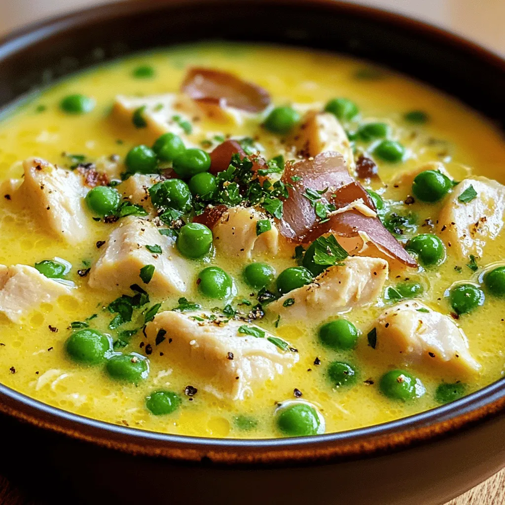 Before you get started, gather all your ingredients and prepare them for cooking. Dice the chicken breasts into bite-sized pieces, chop the onion, and mince the garlic. If you’re using ham, cut it into small cubes as well. Pull out your frozen peas, cheese, broth, cream, and any herbs and spices you plan to use.