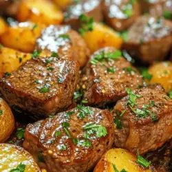 Sizzling Garlic Butter Steak Bites & Crispy Potatoes is a dish that epitomizes comfort food while delivering on flavor and visual appeal. This recipe combines tender, juicy steak bites seared to perfection with crispy, golden baby potatoes, all enveloped in a rich garlic butter sauce. What sets this dish apart is its quick cooking time—perfect for busy weeknights or impromptu gatherings with friends and family. The harmonious blend of savory steak and crispy potatoes makes it a comforting yet elegant option for any occasion.