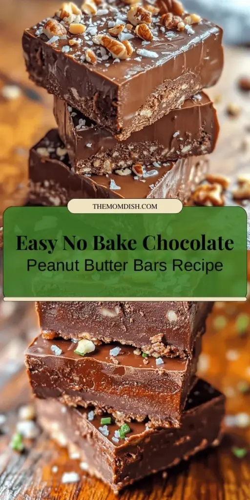 Discover the easy and delicious world of No Bake Chocolate Peanut Butter Bars! Perfect for busy days or sweet cravings, these bars combine creamy peanut butter, rich chocolate, and wholesome oats into a nutritious treat. Customize with your favorite add-ins and enjoy a dessert that's not just tasty but also healthy! Ready in no time, they make a delightful snack or breakfast. Try them and indulge without the oven! #NoBake #ChocolatePeanutButter #HealthySnacks #Dessert #EasyRecipes