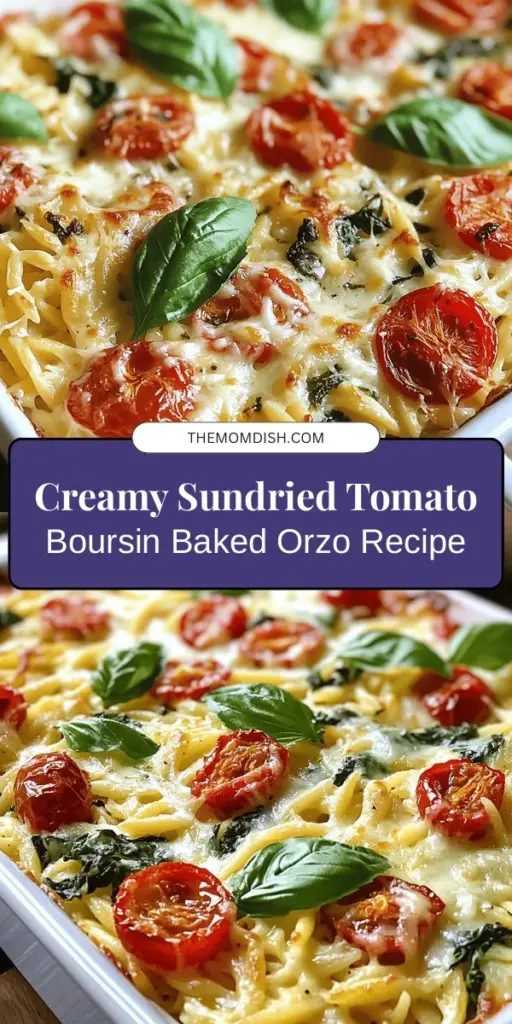 Looking for a delicious and comforting dish that’s easy to make? Try Sundried Tomato Boursin Baked Orzo! This creamy pasta features flavorful sundried tomatoes and rich Boursin cheese, making it perfect for weeknight dinners or special occasions. Packed with nutrients and bursting with flavor, it’s a hit with family and friends alike. Elevate your mealtime with this versatile recipe! #BakedOrzo #ComfortFood #PastaRecipes #CookingAtHome #DinnerIdeas #HealthyEating