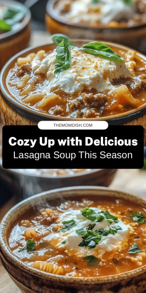 Warm up with a bowl of Cozy Lasagna Soup, where comfort meets simplicity! This one-pot delight captures the classic flavors of lasagna without the fuss of layering. Perfect for weeknight dinners or gatherings, you can customize it with your choice of meat or veggies. With hearty ingredients like ground beef, crushed tomatoes, pasta, and rich cheeses, each spoonful is a hug in a bowl. Try it today! #LasagnaSoup #ComfortFood #OnePotMeals #FamilyDinner #CozyEats #SoupSeason