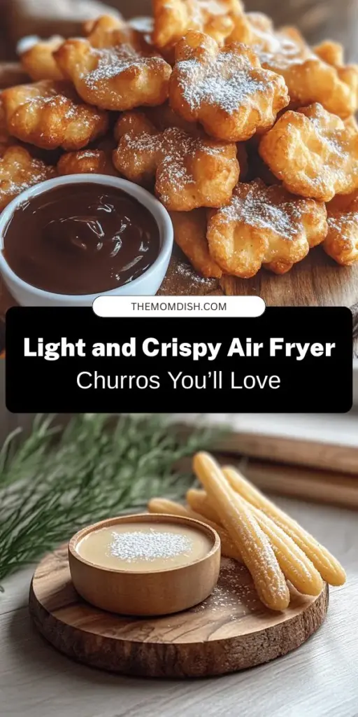 Satisfy your sweet cravings with this easy Air Fryer Light Churros recipe! Originating from Spain, churros offer a crispy exterior and soft, fluffy center. Using an air fryer, you can enjoy these delicious treats with significantly less oil, making them a guilt-free indulgence. Perfect for snacking or dessert, these churros will have your taste buds dancing with joy! Try them today! #Churros #AirFryerRecipes #HealthyDessert #SnackIdeas #BakingFun