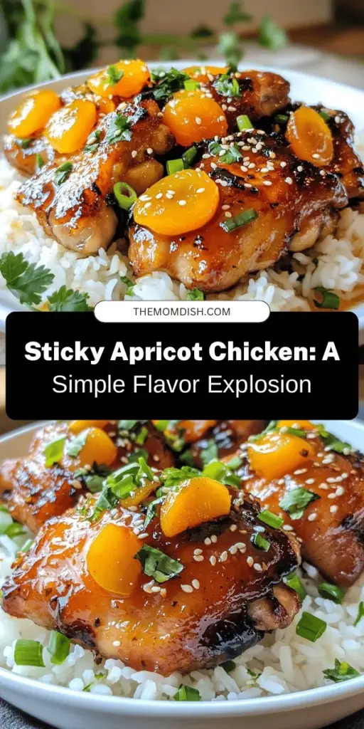 Discover the deliciously sweet and savory combination of Sticky Apricot Chicken, an easy-to-make dish perfect for any occasion. Juicy chicken thighs are coated in a tangy apricot glaze made from dried apricots, apricot jam, soy sauce, and aromatic spices. This recipe is not only simple to prepare but also bursting with flavor, making it a standout choice for weeknight dinners or special gatherings. Try it today and impress your family and friends! #StickyApricotChicken #EasyRecipes #DinnerIdeas #ComfortFood #CookingAtHome #FamilyMeal #DeliciousDesserts