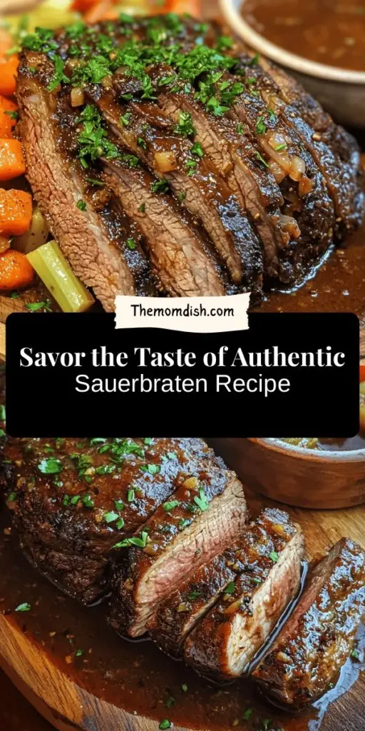 Discover the timeless delight of Sauerbraten, Germany's beloved pot roast that transforms simple ingredients into a hearty, flavorful masterpiece. With a rich marinade of red wine vinegar, spices, and patiently cooked beef, this dish is perfect for family gatherings and special occasions. Serve it with red cabbage and dumplings for a truly authentic experience. Embrace tradition with every bite! #Sauerbraten #GermanCuisine #PotRoast #ComfortFood #FamilyRecipes #Foodie #SlowCooking