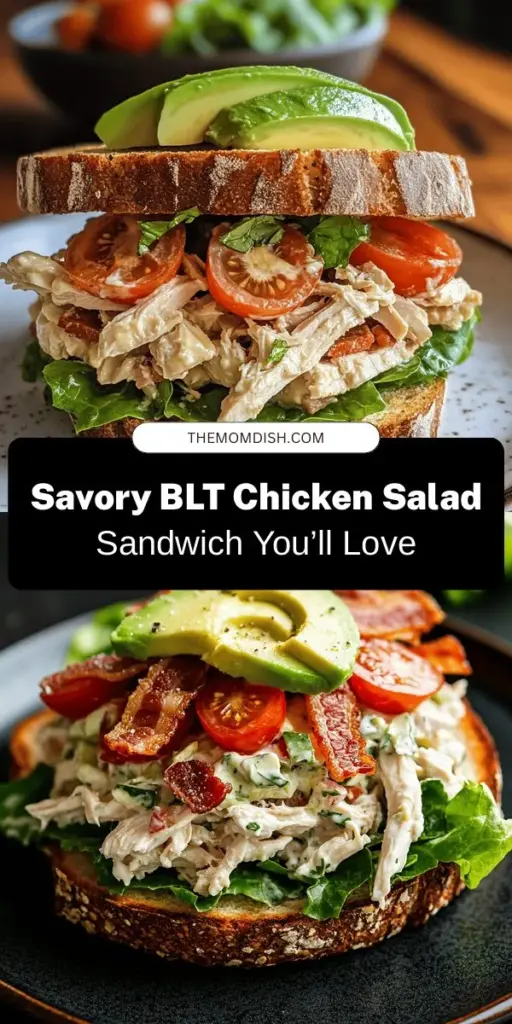 Discover the delicious Savory BLT Chicken Salad Sandwich that combines the classic BLT with wholesome chicken salad. This recipe is perfect for lunch or a light dinner, featuring tender shredded chicken, crispy bacon, juicy cherry tomatoes, and fresh romaine, all held together in a creamy dressing. Easy to make and versatile, it’s a crowd-pleaser for any occasion. Give it a try and elevate your sandwich game! #BLT #ChickenSalad #SandwichRecipes #HealthyEating #QuickMeals