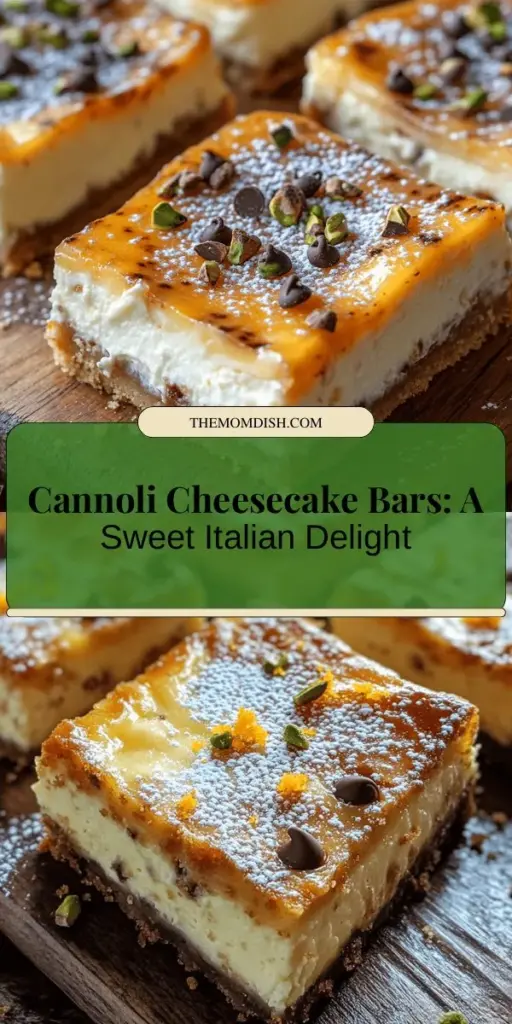 Indulge in the irresistible fusion of Cannoli and Cheesecake with these delectable Cannoli Cheesecake Bars! Perfect for any occasion, these bars combine a rich creamy filling flavored with ricotta, cream cheese, and chocolate chips, all nestled in a sweet graham cracker crust. Whether you’re entertaining guests or treating yourself, these bars are sure to impress. Dive into this easy recipe today and enjoy a slice of Italian dessert heaven! #CannoliCheesecakeBars #DessertLovers #BakingJoy #SweetTreats #ItalianDesserts