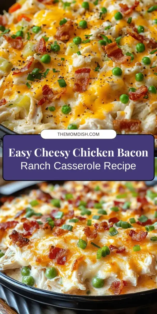 Looking for a delicious way to feed your family? Try this Cheesy Chicken Bacon Ranch Casserole! It's packed with tender chicken, crispy bacon, and creamy ranch dressing, all topped with melted cheese for an irresistible comfort meal. Perfect for busy weeknights or potlucks, this versatile dish can be customized to suit your taste. Get ready for some serious comfort food! #Casserole #ComfortFood #CheesyChicken #BaconRanch #DinnerIdeas #FamilyMeals #QuickRecipes