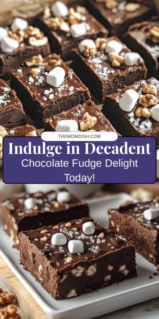 Indulge your sweet tooth with this Decadent Chocolate Fudge Delight Recipe! This simple yet luxurious treat combines semi-sweet chocolate, sweetened condensed milk, and a hint of vanilla for a melt-in-your-mouth experience. Perfect for any occasion, this fudge can be customized with nuts, marshmallows, or a sprinkle of sea salt. Follow this easy guide to create a deliciously rich dessert your friends and family will love! #ChocolateFudge #DessertLovers #BakingRecipes #TreatYourself #YummyDesserts #FudgeRecipe