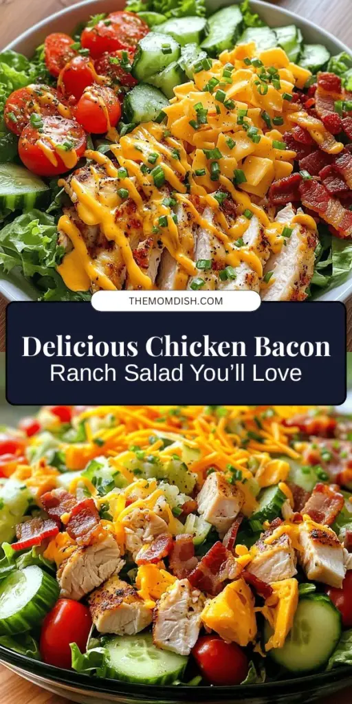 Discover the ultimate Chicken Bacon Ranch Salad, a delicious blend of grilled chicken, crispy bacon, fresh veggies, and creamy ranch dressing. This hearty salad is perfect for lunch, dinner, or a potluck, offering a delightful combination of flavors and textures. Packed with protein and nutrients, it’s a satisfying option that you can customize to suit your taste. Check out the recipe and make it your own today! #ChickenBaconRanchSalad #HealthyEating #SaladRecipes #MealPrep #YummyFood