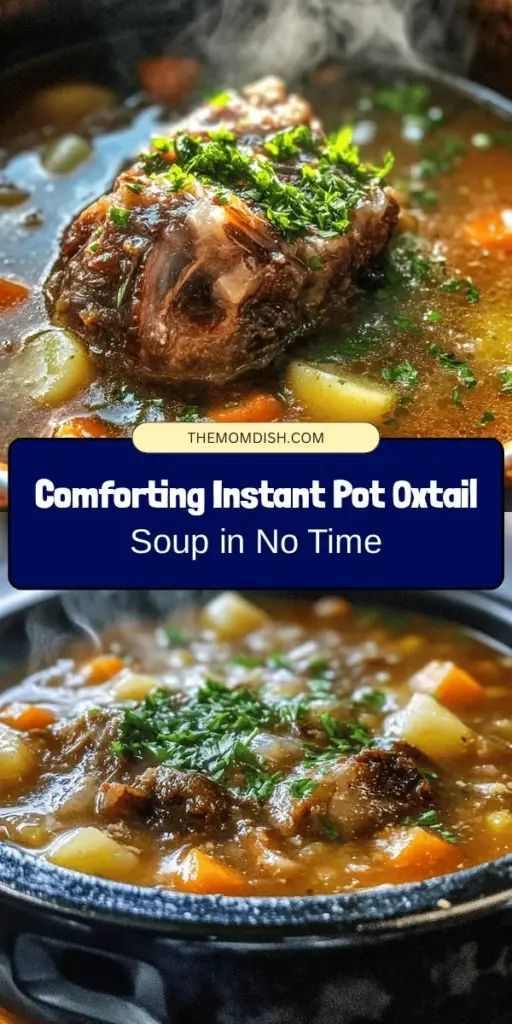 Warm your soul with this Hearty Instant Pot Oxtail Soup, a comforting blend of rich flavors and tender meat that's quick to make. Perfect for chilly nights, this recipe showcases the culinary traditions of various cultures while utilizing the Instant Pot for speedy cooking. Nutrient-dense and flavorful, each bowl is a hug in disguise. Discover the joy of creating a nourishing meal that brings everyone together. #OxtailSoup #InstantPotRecipes #ComfortFood #HomeCooking #CozyEats #HealthyEating #SoulFood