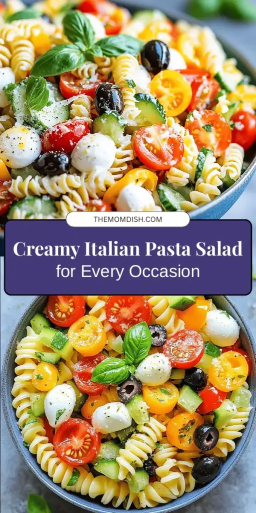 Discover the deliciousness of Creamy Italian Pasta Salad, a vibrant dish perfect for any occasion! This salad combines fresh vegetables, creamy dressing, and your choice of pasta for a delightful medley of flavors and textures. Ideal for picnics, family gatherings, or quick dinners, it can be served as a side or main course. Customize it with grilled chicken or seasonal veggies for endless variations. Get ready to impress your taste buds! #PastaSalad #ItalianCuisine #CookingRecipes #HealthyEating #SummerDishes #YummyFood