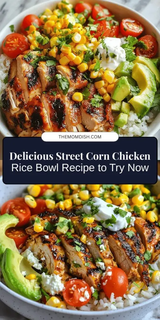 Savor the bold, vibrant flavors of the Street Corn Chicken Rice Bowl! This delicious fusion dish features grilled chicken, sweet smoky corn, and fluffy jasmine rice, all topped with fresh ingredients like avocado and cilantro. Perfect for meal prep or busy weeknights, it's customizable and packed with nutrients. Enjoy a taste of street food right at home! #StreetCorn #ChickenRiceBowl #CookingAtHome #HealthyEats #FusionCuisine #MealPrepIdeas #EasyRecipes