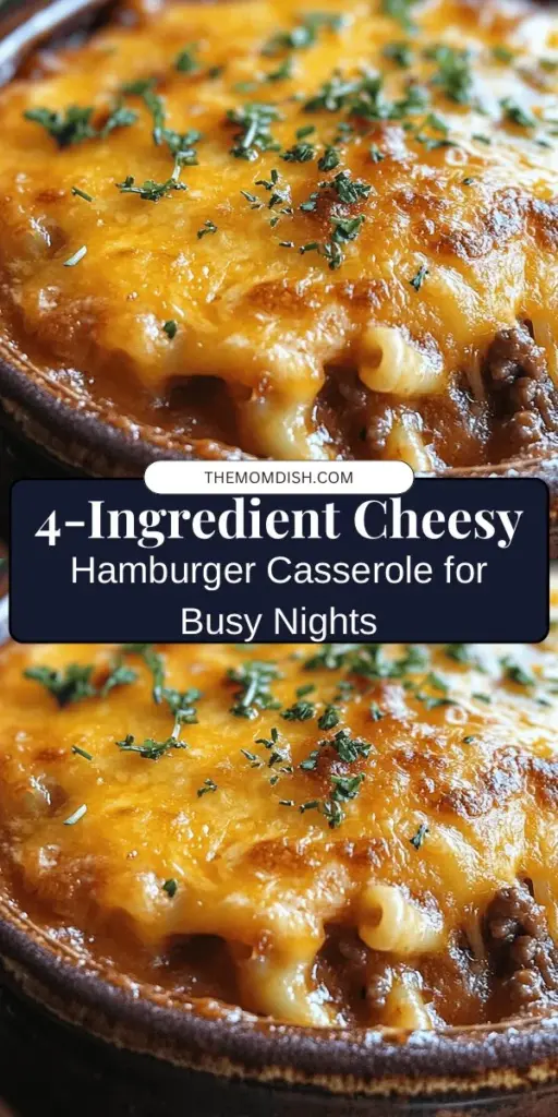 Discover the ultimate comfort food with this Cheesy 4-Ingredient Hamburger Casserole! Perfect for busy weeknights, this simple yet satisfying dish combines ground beef, tomato sauce, pasta, and cheddar cheese for a taste that the whole family will love. Easy to prepare and bake, it’s a one-dish wonder that brings everyone to the table. Try it out and make mealtime stress-free! #Casserole #ComfortFood #CheesyGoodness #QuickDinner #FamilyMeals #EasyRecipe