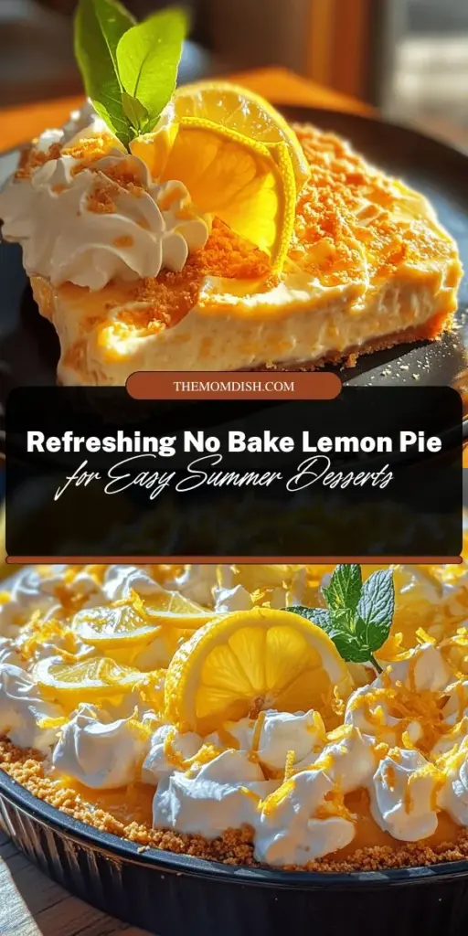 Looking for a refreshing dessert that’s perfect for any occasion? Try this Zesty No Bake Lemon Pie! With a creamy lemon filling and a crunchy graham cracker crust, it’s the ultimate treat for hot summer days or family gatherings. Easy to make and visually appealing, this pie is sure to impress everyone. Indulge in the bright, tangy flavors that evoke sunshine and joy. Grab the recipe now! #NoBakeDessert #LemonPie #SummerTreats #EasyRecipes #DeliciousDesserts