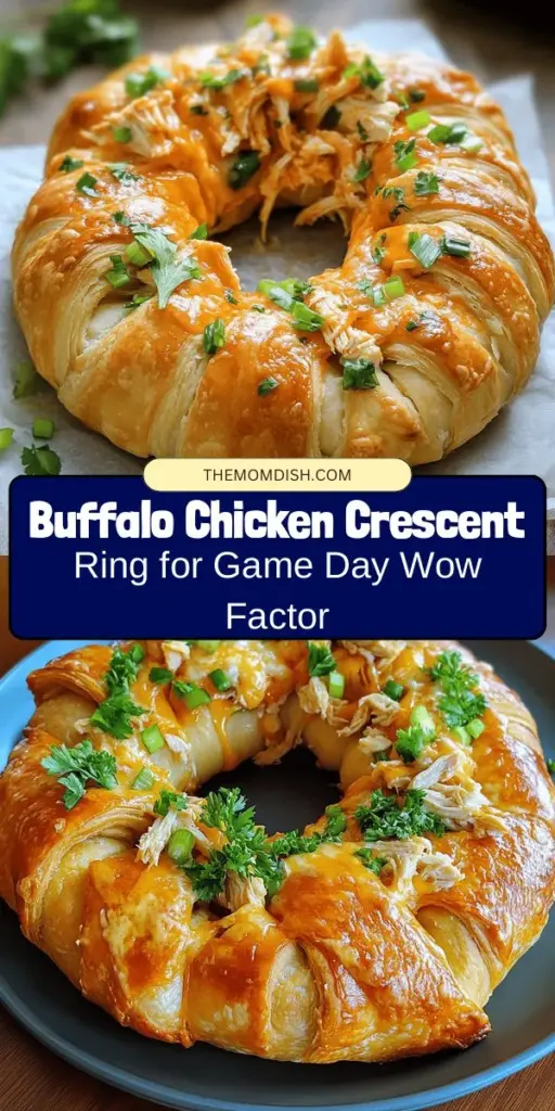 Discover the ultimate crowd-pleaser with the Buffalo Chicken Crescent Ring! This appetizer combines the zest of buffalo chicken with flaky crescent dough for a savory treat that's perfect for game day or family gatherings. With creamy cheese and a hint of spice, it's sure to impress. Easy to make and visually stunning, this dish is a must-try. Elevate your entertaining game and indulge in this tasty delight! #BuffaloChicken #CrescentRing #Appetizers #ComfortFood #GameDaySnacks #CookingIdeas #Foodie