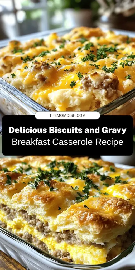 Start your day with a delicious Easy Biscuits and Gravy Breakfast Casserole! This comforting dish combines flaky biscuits, savory sausage, creamy gravy, and melty cheese for a satisfying meal perfect for family gatherings or weekend brunches. Prepare it ahead of time for a stress-free morning, and customize it to suit everyone's tastes. Elevate your breakfast game with this delightful recipe! #BreakfastCasserole #BiscuitsAndGravy #EasyRecipes #BrunchIdeas #ComfortFood #FamilyMeals