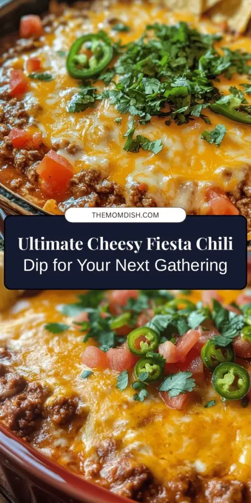 Looking for the perfect dip to wow your guests? Try the Cheesy Fiesta Chili Dip! This crowd-pleasing recipe features a creamy blend of cheese, spicy chili, and fresh veggies, making it a delicious addition to any gathering. Easy to prepare and serve warm or cold, it's perfect for game days, parties, or cozy nights in. Pair it with tortilla chips for ultimate enjoyment! #CheesyFiesta #PartyDip #SnackIdeas #GameDayEats #YummyDips