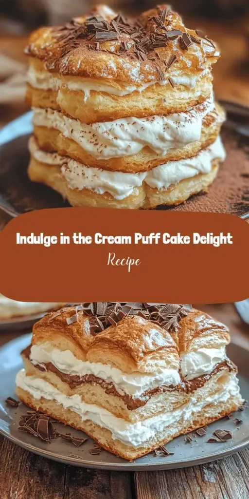 Indulge in the Cream Puff Cake Delight, a show-stopping dessert that perfectly balances elegance and flavor. This stunning cake features layers of airy cream puffs filled with rich pastry cream, all topped with a light whipped cream. Perfect for any celebration, this versatile treat can be customized to suit any palate. Create a memorable dessert that will impress family and friends! #CreamPuffCake #DessertRecipe #BakingDelight #PartyDesserts #SweetTreats