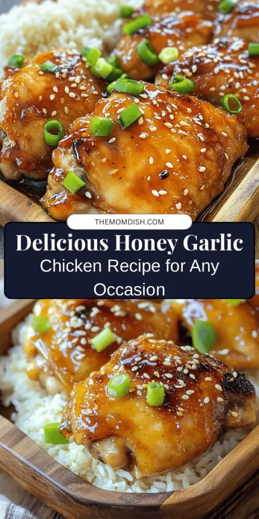 Discover the irresistible blend of flavors in Sweet & Savory Honey Garlic Chicken! This delightful dish combines juicy chicken thighs, natural honey sweetness, and a touch of garlic and ginger for a meal that pleases everyone. Perfect for quick weeknight dinners or special occasions, it pairs well with rice, veggies, or salads. Easy to prepare, and even customizable for dietary needs, this recipe is a must-try! #HoneyGarlicChicken #DinnerInspiration #EasyRecipes #FoodLovers #HomeCooking #DeliciousMeals