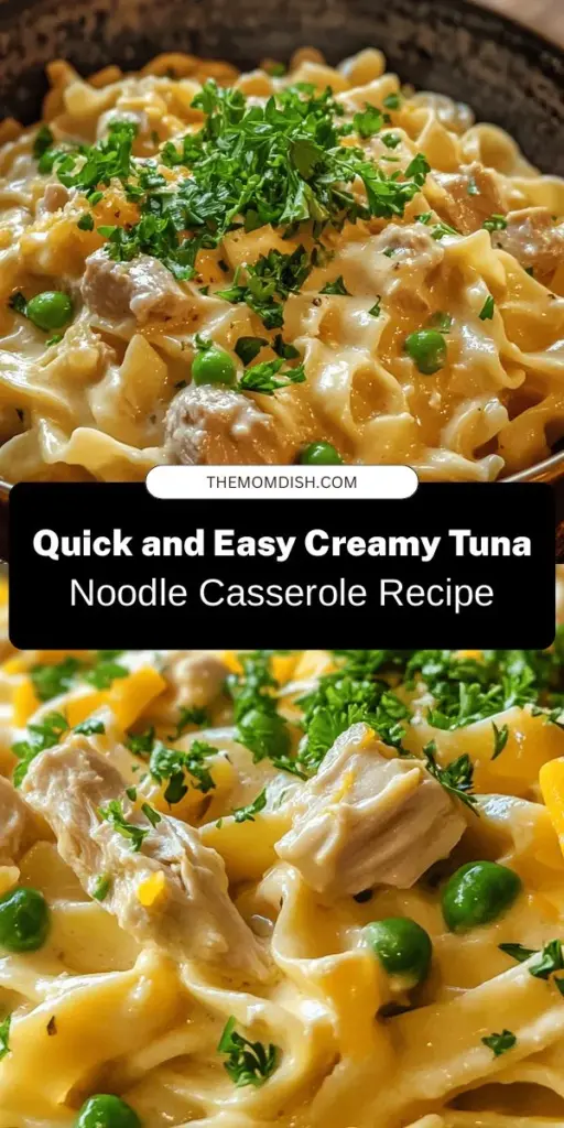 Discover the warmth and comfort of Creamy Tuna Noodle Delight, a classic family recipe perfect for busy weeknights. This easy-to-make casserole combines tender egg noodles, flaky tuna, and a creamy sauce, ensuring every bite is satisfying and nutritious. Packed with protein and essential vitamins, this dish is a wholesome choice for any table. Get ready to bring smiles to your loved ones with this timeless comfort food! #TunaNoodleCasserole #FamilyRecipes #ComfortFood #EasyMeals #HealthyEating #HomeCooking #DinnerInspo