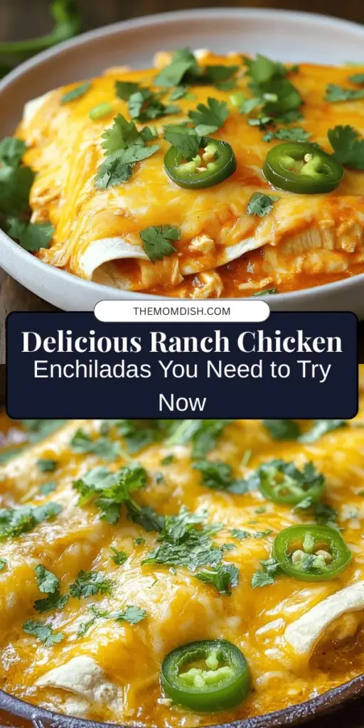 Try this mouthwatering Ranch Chicken Enchiladas recipe for a delicious twist on a classic dish! Filled with creamy ranch, shredded chicken, cheese, and spices, these enchiladas are perfect for family dinners or gatherings. Quick and easy to prepare, especially with rotisserie chicken, they promise to delight your taste buds. Serve with cilantro and sour cream for extra flavor. Get ready to impress your guests! #RanchChickenEnchiladas #EasyRecipe #ComfortFood #MexicanCuisine