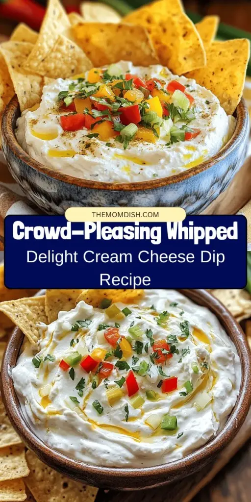 Elevate your gatherings with the irresistible Whipped Delight Cream Cheese Dip! This creamy, flavor-packed dip is perfect for any occasion, whether it's game night, family celebrations, or potlucks. Featuring a blend of cream cheese, sour cream, cheddar cheese, and fresh veggies, it's a hit with everyone. Serve it with tortilla chips, fresh veggies, or crackers for a delicious snacking experience. Try this crowd-pleaser that’s sure to impress! #CreamCheeseDip #PartyAppetizers #DeliciousSnacks #GatheringFood #WhippedDelight