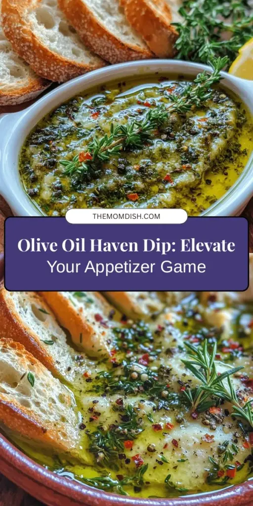 Discover the ultimate appetizer with this Olive Oil Haven Dip paired with warm, crusty bread! This simple yet flavorsome dish combines high-quality extra virgin olive oil, fresh herbs, and a hint of garlic, making it perfect for any occasion. Ideal for gatherings or cozy nights in, it's easy to prepare and customizable to your taste. Enjoy a culinary journey with every dip! #OliveOilDip #Appetizers #MediterraneanCuisine #Foodie #EasyRecipes #HealthyEating #WarmBread