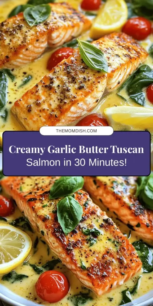 Indulge in a culinary delight with this Decadent Creamy Garlic Butter Tuscan Salmon! This quick and exquisite dish is perfect for any occasion, featuring rich salmon fillets topped with a luscious garlic butter sauce, vibrant cherry tomatoes, and fresh spinach. Ready in under 30 minutes, it's not just a feast for the taste buds but also a stunning visual presentation. Create lasting memories around the table with this delicious recipe! #TuscanSalmon #SeafoodLovers #EasyRecipes #DinnerInUnder30 #HealthyEats #CreamySauce