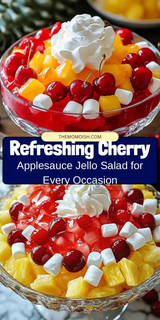 Add a refreshing twist to your gatherings with this delightful Cherry Applesauce Jello Salad! Combining the sweetness of cherries and applesauce with the fun texture of jello, it's perfect for any occasion. Easy to prepare with just a few ingredients, this colorful dish is a hit with kids and adults alike. Serve it as a side or a light dessert, and enjoy the flavors of fresh fruit, creamy marshmallows, and optional crunchy walnuts. #JelloSalad #CherryAppleSalad #RefreshingDessert #EasyRecipes