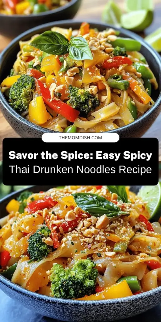 Discover the bold and vibrant flavors of Spicy Thai Drunken Noodles, a beloved dish in Thai cuisine. Known for its perfect balance of spicy, sweet, and savory notes, this dish features chewy wide rice noodles, fresh vegetables, and aromatic spices. Perfect for a satisfying meal, it's easy to recreate at home. Explore the essence of Thai cooking and impress your family and friends with this delightful recipe! #ThaiCuisine #DrunkenNoodles #CookingAtHome #Foodie #RecipeIdeas #SpicyNoodles #DinnerIdeas #HomeCooking