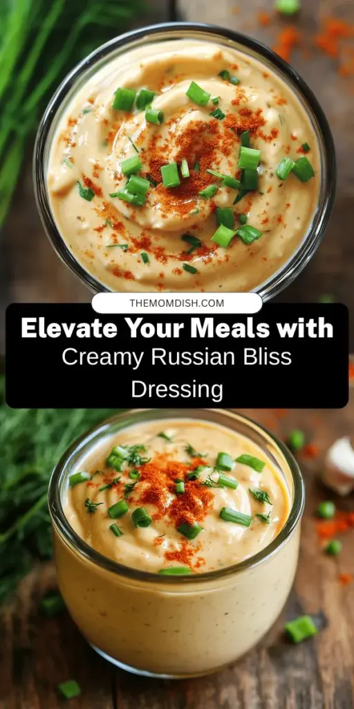 Elevate your culinary creations with Creamy Russian Bliss Dressing! This versatile and delicious dressing combines creamy, tangy, and slightly sweet flavors, perfect for salads, sandwiches, or as a veggie dip. Made with wholesome ingredients like mayonnaise, ketchup, and fresh herbs, it’s easy to customize for your taste. Enjoy a delightful twist on traditional flavors while ensuring a healthier meal choice. Try it today! #CreamyRussianDressing #HealthyEating #HomemadeDressing #CookingWithHerbs #FoodieFavorites