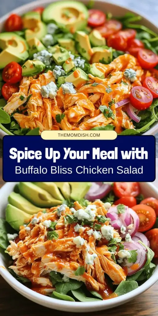 Discover the ultimate meal with our Buffalo Bliss Chicken Salad! This vibrant dish combines the crunch of fresh greens, spicy buffalo chicken, and creamy avocado for a satisfying experience. Perfect as a lunch, dinner, or meal prep option, it's packed with protein and essential nutrients. Easily customizable, you can adjust the spice level and ingredients to fit your taste. Elevate your salad game with this delicious recipe. #BuffaloChickenSalad #HealthyEating #MealPrep #SaladRecipes #SpicyKitchen #NutritiousAndDelicious #FoodieFavorites