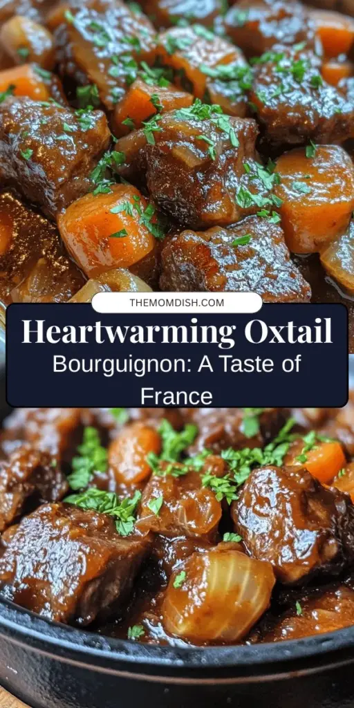 Discover the rich flavors of Oxtail Bourguignon, a classic French stew that will warm your soul. This hearty dish features tender oxtail slow-cooked in a luscious red wine sauce, creating a melt-in-your-mouth experience. Perfect for cozy evenings or special gatherings, this recipe combines high-quality ingredients like aromatic vegetables, herbs, and beef broth to elevate your culinary journey. Try it to impress your guests! #OxtailBourguignon #FrenchCuisine #ComfortFood #HeartyMeals #CookingFromHome