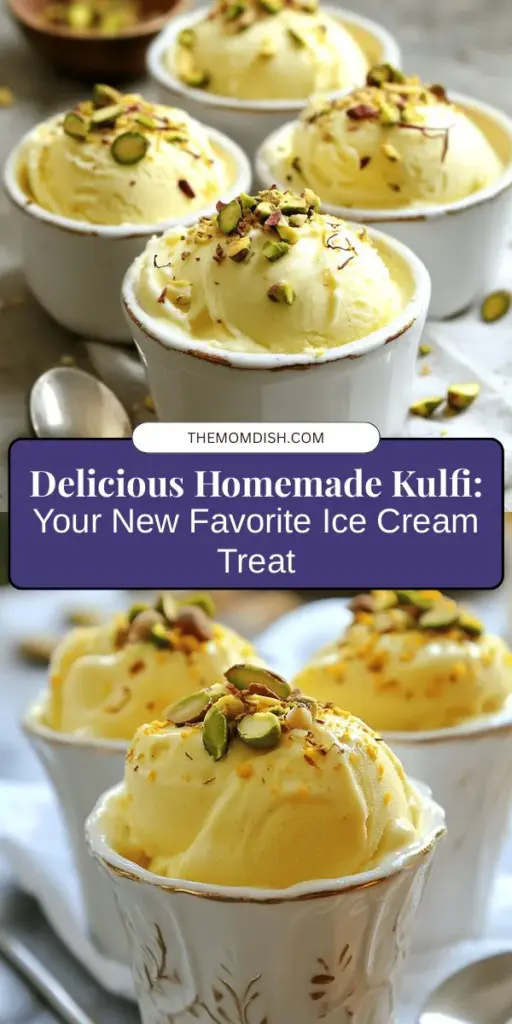 Discover the delightful world of homemade kulfi ice cream, a traditional Indian treat loved for its creamy texture and rich flavors. With just a few basic ingredients like full-fat milk, sweetened condensed milk, and your choice of nuts and spices, you can whip up this indulgent dessert right in your kitchen. Perfect for summer gatherings, special occasions, or simply indulging yourself, making kulfi is an easy and rewarding experience. Try customizing with unique flavors! #Kulfi #HomemadeIceCream #IndianDessert #DessertRecipe #Foodie #CookingAtHome