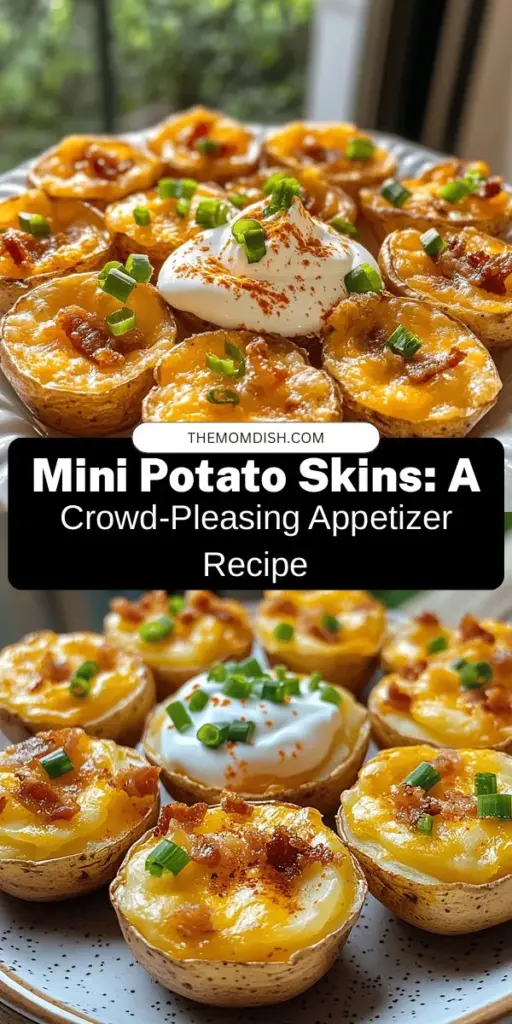 Discover the joy of creating Mini Potato Skins Delight, a fun twist on a classic appetizer that's perfect for any occasion! These bite-sized beauties are made from baby potatoes, topped with gooey cheddar, crispy bacon, and finished with sour cream and fresh green onions. Easy to prepare and packed with flavor, they're sure to impress your guests. Your next gathering is not complete without these delightful snacks. #MiniPotatoSkins #Appetizer #Snacks #PartyFood #Cooking #Recipes #PotatoRecipes #GameDayEats #ComfortFood