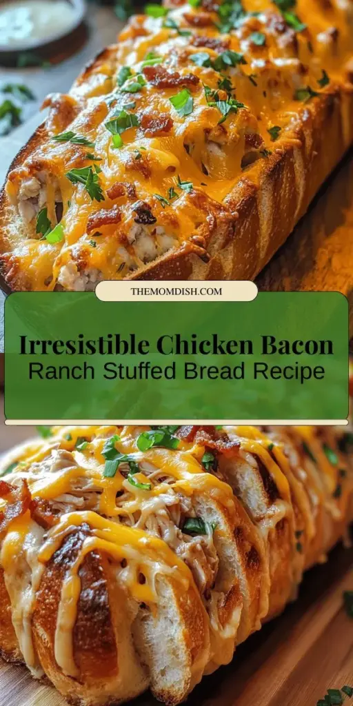 Indulge in the ultimate comfort food with this Chicken Bacon Ranch Stuffed Bread! Easy to make and packed with flavor, this dish combines tender chicken, crispy bacon, creamy ranch dressing, and melty cheese, all nestled in a warm loaf of crusty bread. Perfect for game days, family dinners, or cozy nights in! Try this crowd-pleaser recipe for a delightful treat that everyone will love. #ChickenBaconRanch #StuffedBread #ComfortFood #RecipeIdeas #EasyCooking