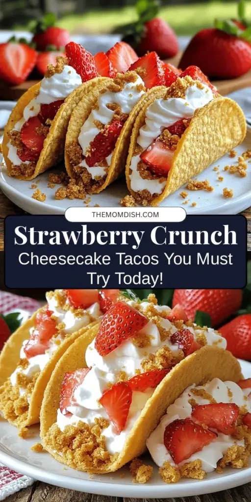 Discover the whimsical world of Strawberry Crunch Cheesecake Tacos! These delightful dessert tacos combine creamy cheesecake filling with a crispy graham cracker shell, topped with a crunchy strawberry mix for a fun, portable treat. Perfect for parties or family gatherings, this delicious twist on cheesecake will impress everyone. Learn how to make these mouthwatering tacos and elevate your dessert game! #DessertTacos #Cheesecake #Baking #SweetTreats #StrawberryDesserts #HomemadeDesserts