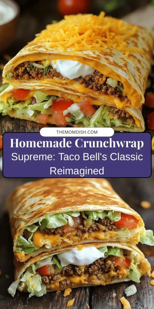 Bring the taste of Taco Bell home with this delicious homemade Crunchwrap Supreme! Loaded with seasoned meat, fresh veggies, and melted cheese all wrapped in a crispy tortilla, it's a customizable twist on a fast food classic. Perfect for family dinners or gatherings, this recipe lets you control the ingredients for a healthier option. Get ready to impress and satisfy everyone's cravings with your own version of this iconic dish! #CrunchwrapSupreme #TacoBell #Homemade #Recipe #FastFoodFavorites #Foodie #Yummy