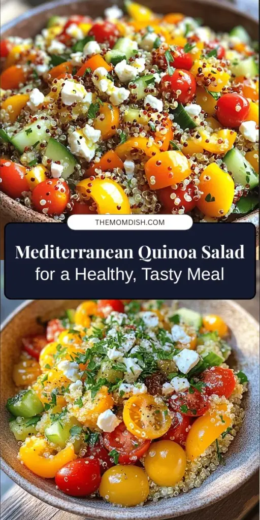 Discover the vibrant flavors of the Mediterranean with this delicious Mediterranean Quinoa Salad! Packed with nutritious ingredients like quinoa, fresh vegetables, kalamata olives, and feta cheese, this salad is not only visually appealing but also versatile for any dietary preference. Perfect for lunch or as a side dish, it embodies the health benefits of the Mediterranean diet. Try it out for a fresh and tasty meal! #MediterraneanDiet #QuinoaSalad #HealthyRecipes #Vegan #GlutenFree #MealPrep #HealthyEating