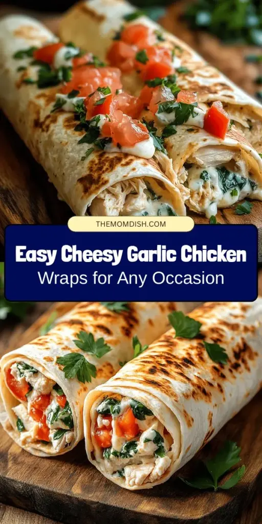 Looking for a quick and delicious meal that everyone will love? Try Cheesy Garlic Chicken Wraps! Packed with mouthwatering shredded chicken, cream cheese, mozzarella, and fresh veggies, these wraps are easy to customize for any dietary preference. Perfect for weeknight dinners or casual gatherings, they deliver a satisfying crunch with every bite. Get inspired and make these tasty wraps today! #CheesyGarlicChickenWraps #QuickMeals #EasyRecipes #YummyEats #ComfortFood #HomemadeDeliciousness #FoodieFavorites