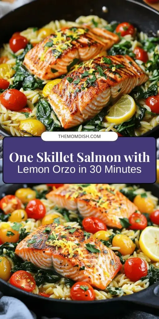 Elevate your weeknight dinner with this One Skillet Salmon with Lemon Orzo recipe! This quick and nutritious meal features perfectly seared salmon, zesty lemon, and tender orzo, all cooked in one skillet for effortless cleanup. Bursting with vibrant flavors from fresh spinach and cherry tomatoes, it's as visually appealing as it is delicious. Perfect for busy nights or a simple yet elegant dinner! Try it today! #SalmonRecipe #OneSkilletMeals #HealthyEating #LemonOrzo #DinnerIdeas #QuickRecipes #Foodie #HomeCooking