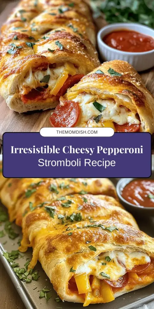 Experience a taste of Italy with this Cheesy Pepperoni Stromboli! This rolled pizza dish brings together gooey mozzarella, savory pepperoni, and a colorful mix of vegetables, all enveloped in a golden crust. Perfect for family dinners or gatherings, it offers endless customization to suit any palate. Dive into the delightful flavors and impress your guests with this easy-to-make, crowd-pleasing dish. #Stromboli #ItalianFood #ComfortFood #CookingAtHome #CheesyDelight #FoodieFun