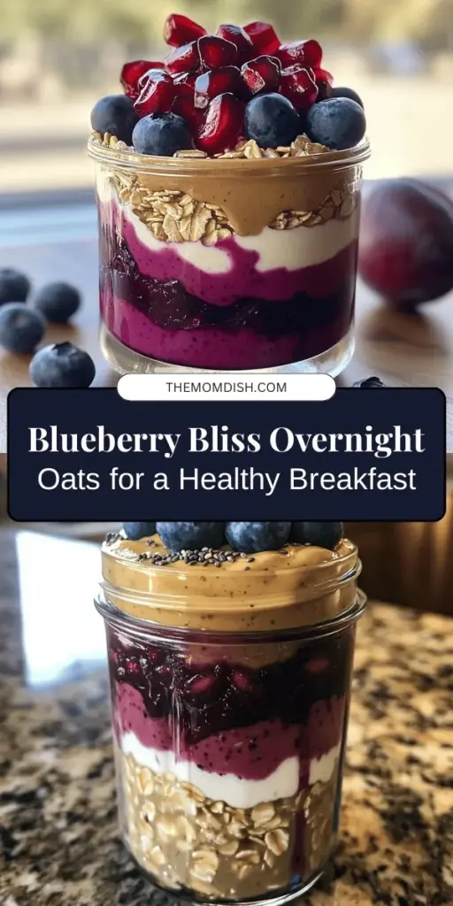 Start your day with a burst of flavor and nutrition with this Blueberry Bliss Overnight Oats recipe! Packed with rolled oats, fresh blueberries, almond milk, and a touch of natural sweetness, this easy no-cook breakfast keeps you full and energized. Perfect for busy mornings, it's a customizable delight that’s both delicious and healthy. Get ready for breakfast bliss! #OvernightOats #HealthyBreakfast #BlueberryBliss #MealPrep #NutritiousMeals #BreakfastInspo