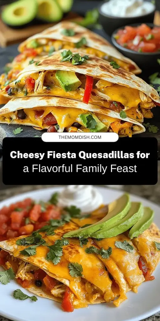 Discover the vibrant and delicious world of Cheesy Fiesta Quesadillas! This recipe combines gooey cheese, tender chicken or hearty black beans, and fresh vegetables, all packed into a golden tortilla. Perfect for busy weeknights or family gatherings, quesadillas are simple to customize to fit any taste. With a few easy steps, you'll create a satisfying meal that everyone will love. Try this flavorful twist on a classic! #QuesadillaRecipe #CookingAtHome #Foodie #DeliciousMeals #EasyRecipes #DinnerIdeas #TacoTuesday