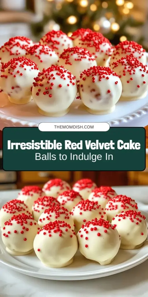 Indulge in the delicious twist on a classic dessert with these decadent red velvet cake balls! Perfect for any occasion, these bite-sized treats feature the rich flavors of red velvet cake paired with creamy cream cheese frosting, all coated in smooth white chocolate. Easy to make and fun to customize, they’re sure to impress your guests or satisfy your sweet tooth. Try them at parties, holidays, or as a special gift! #RedVelvet #CakeBalls #DessertRecipe #BakingFun #SweetTreats #PartyFood #DIYDesserts