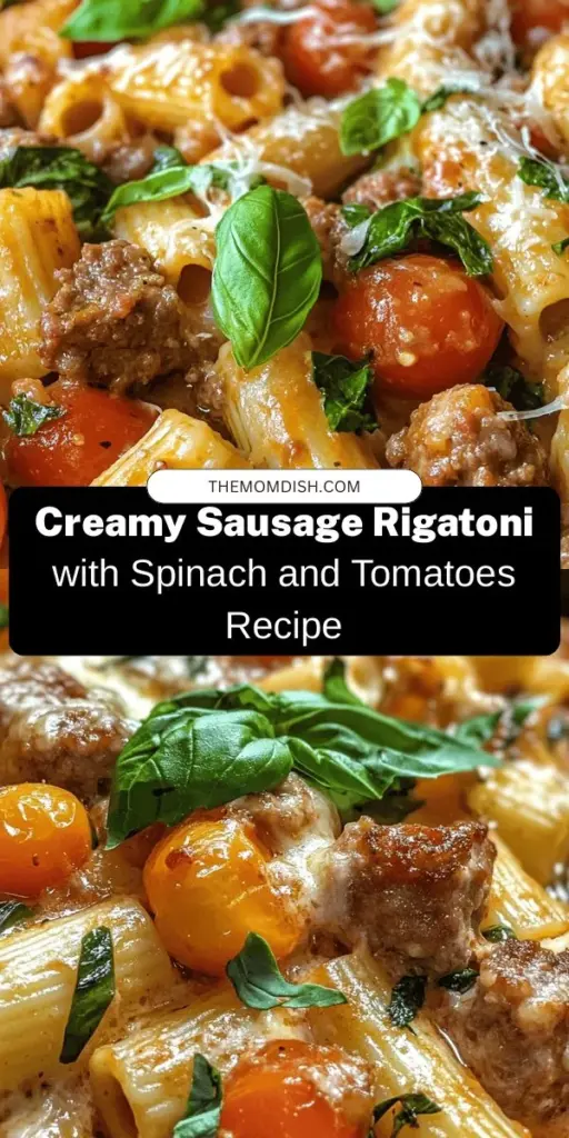 Indulge in the rich and creamy delight of Creamy Sausage Rigatoni! This quick recipe features savory Italian sausage paired with fresh spinach and cherry tomatoes in a velvety sauce. Perfect for busy weeknights or gatherings, this dish is easy to prepare and full of flavor. Enjoy a comforting meal that's as nutritious as it is delicious! Try it tonight! #CreamyRigatoni #PastaRecipe #ComfortFood #QuickDinner #Foodie #ItalianCuisine #HealthyEating